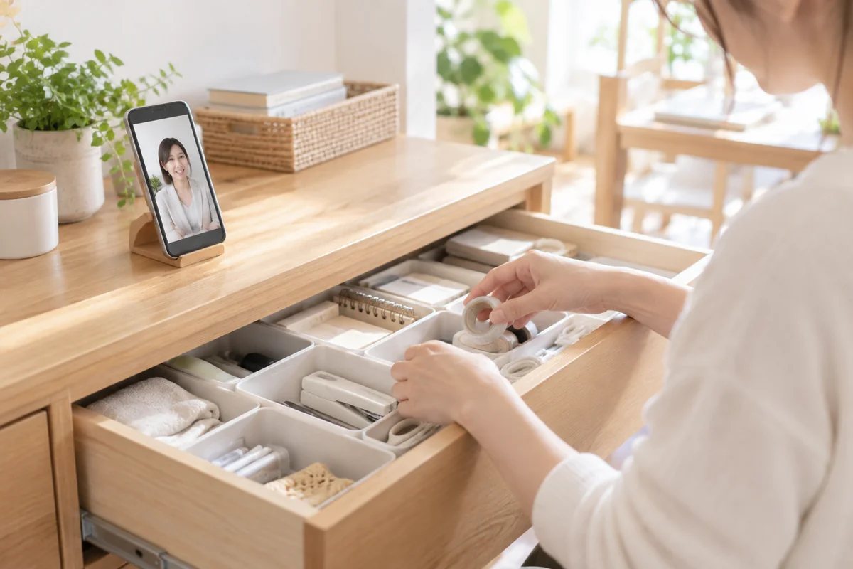引き出しの中を小さく整理している手元と、立てかけたスマホでオンライン相談をしている様子（架空の素材写真）