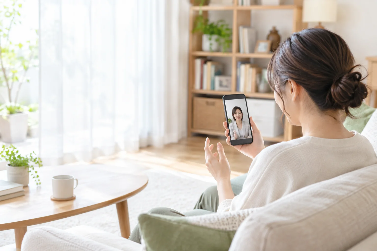 リビングでスマホを使ってオンライン相談をしている女性（架空の素材写真）