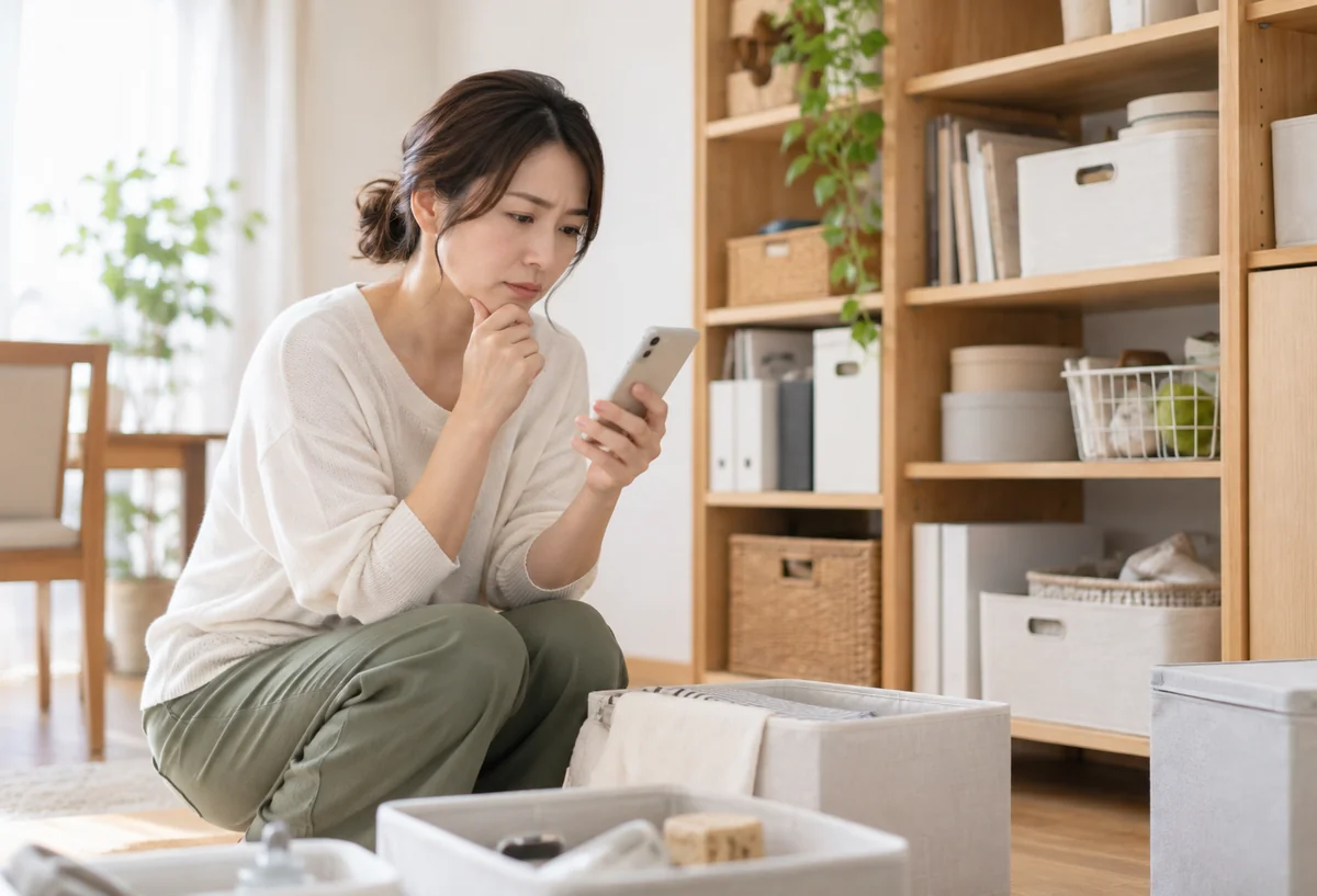 収納棚の前でスマホを見ながら考えている女性（架空の素材写真）